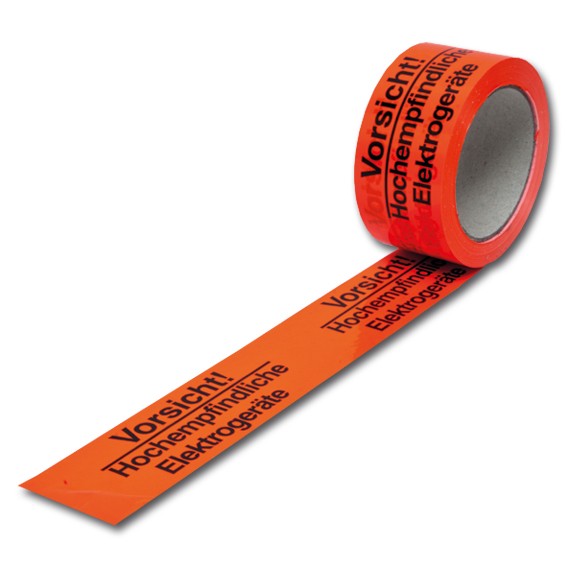 "Vorsicht! Hochempfindliche Elektrogeräte" fluor orange - PVC Warnklebeband