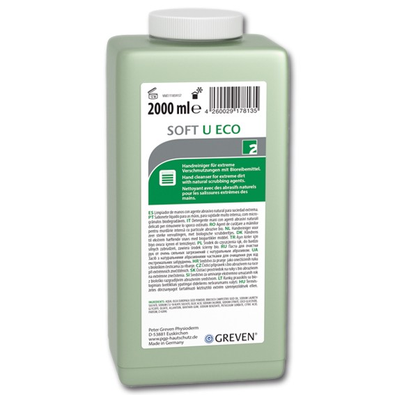 GREVEN SOFT U ECO - Pastöser Handreiniger mit Reibekörpern aus Olivenkernen 2 l, Softflasche